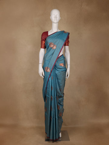 Blue Checks Woven Soft Silk Saree - Diadem