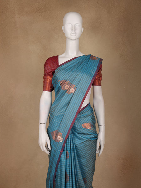 Blue Checks Woven Soft Silk Saree - Diadem