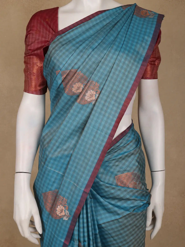 Blue Checks Woven Soft Silk Saree - Diadem