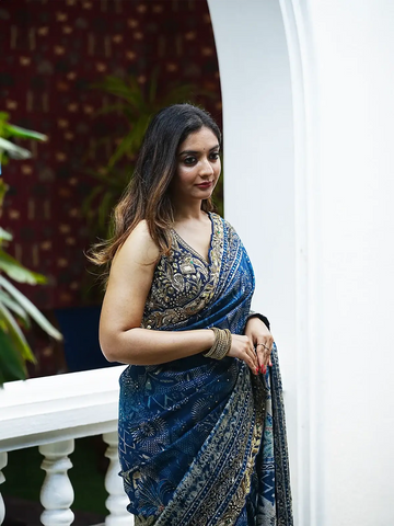 Blue Floral Designed Chiffon Saree - Diadem