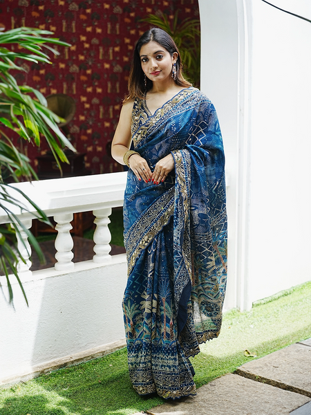 Blue Floral Designed Chiffon Saree - Diadem