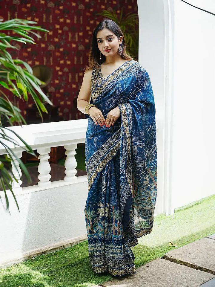 Blue Floral Designed Chiffon Saree - Diadem