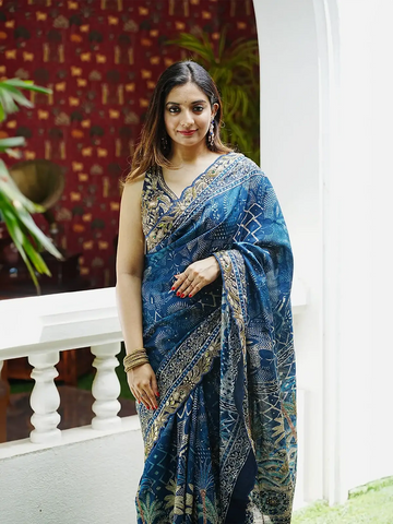 Blue Floral Designed Chiffon Saree - Diadem