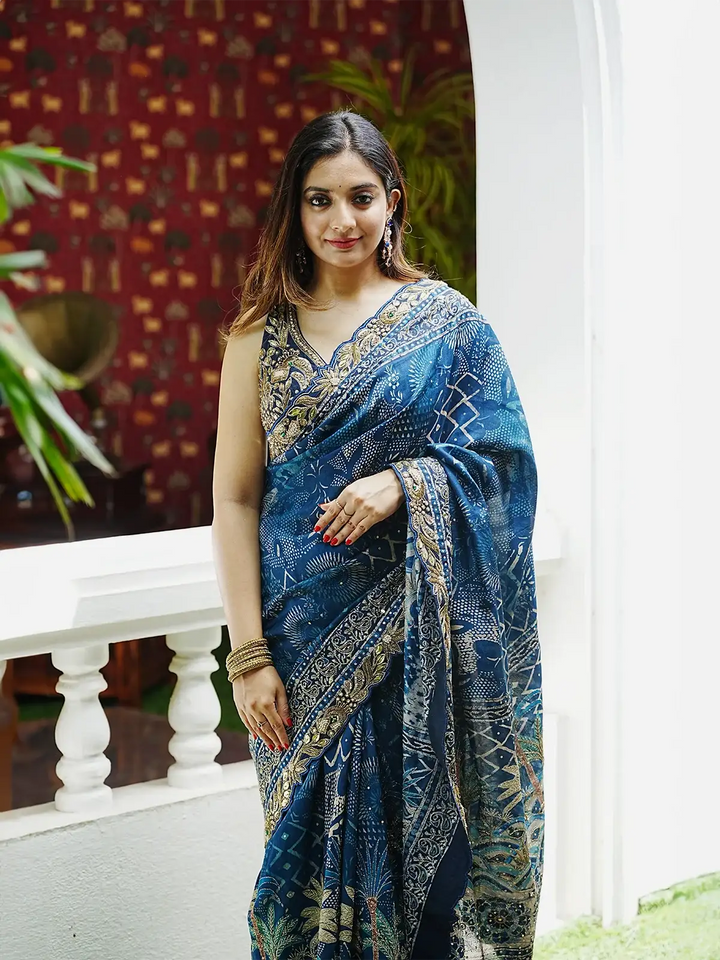 Blue Floral Designed Chiffon Saree - Diadem