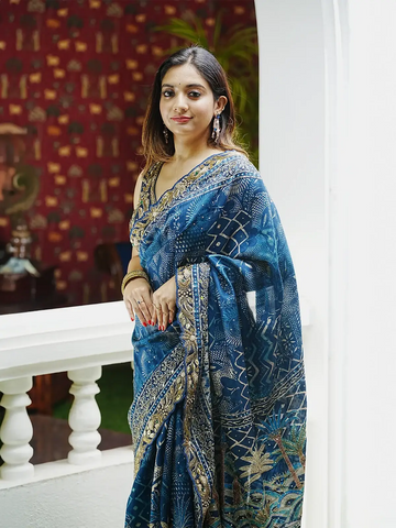 Blue Floral Designed Chiffon Saree - Diadem