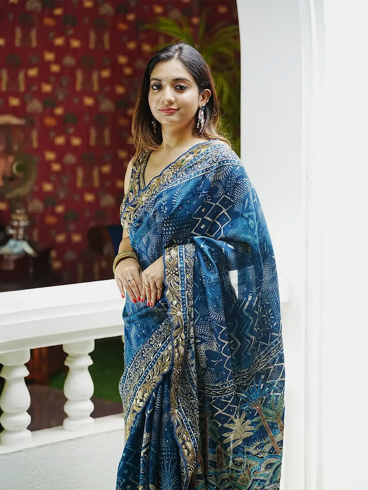 Blue Floral Designed Chiffon Saree - Diadem
