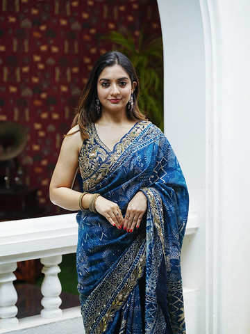 Blue Floral Designed Chiffon Saree - Diadem