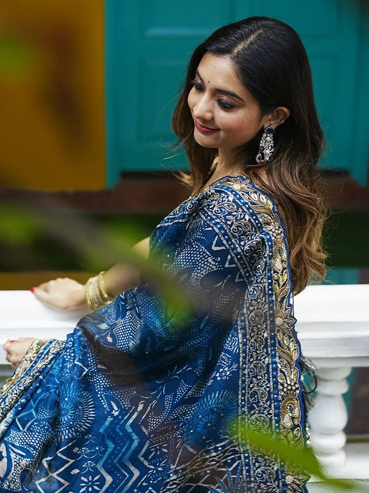 Blue Floral Designed Chiffon Saree - Diadem