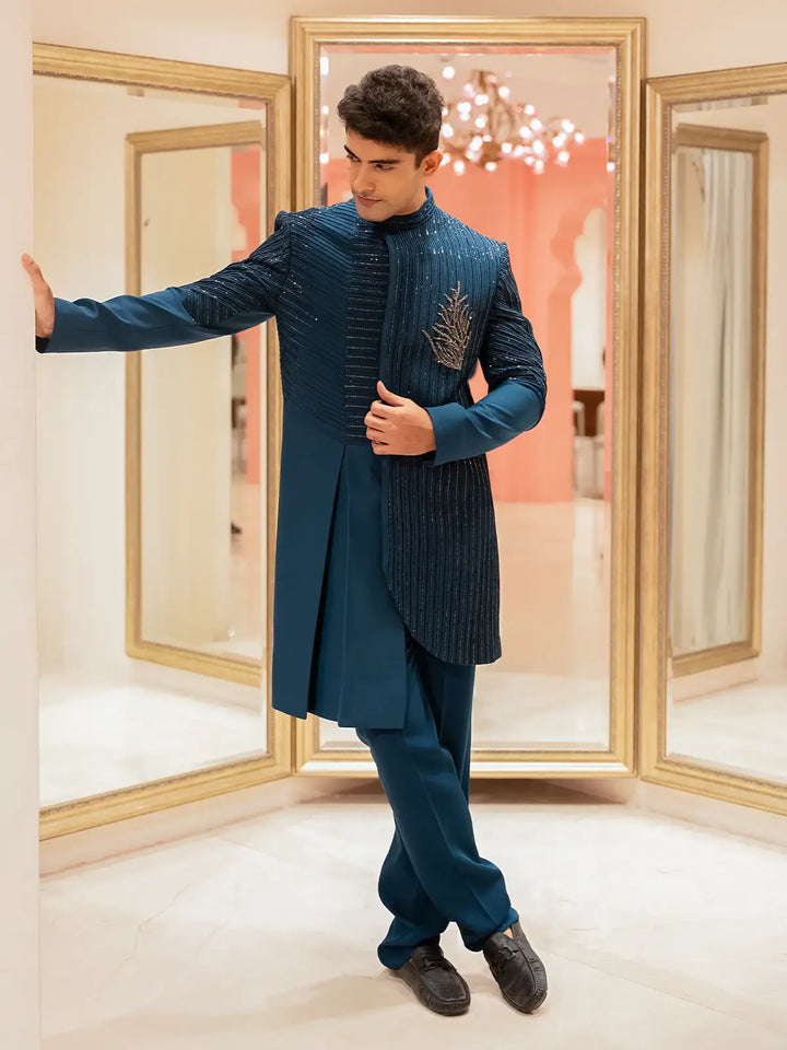 Blue Floral Designed Sherwani Suit for Reception - Diadem