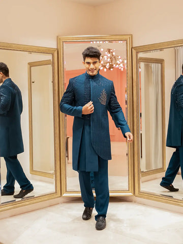 Blue Floral Designed Sherwani Suit for Reception - Diadem