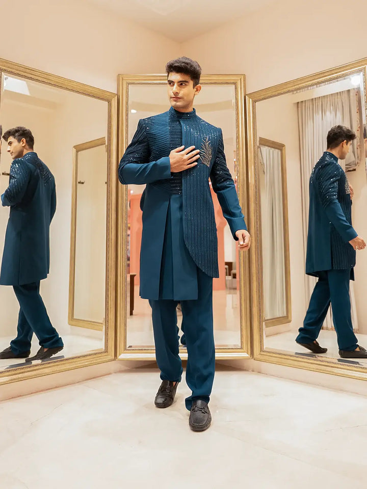 Blue Floral Designed Sherwani Suit for Reception - Diadem
