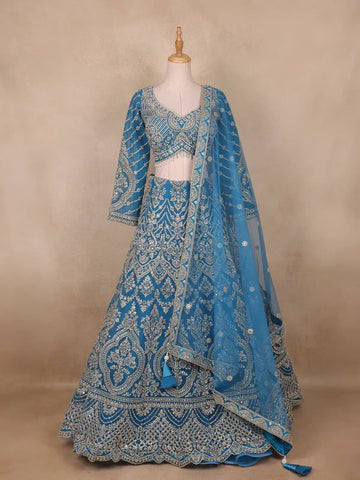 Blue Floral Embroidered Bridal Net Lehenga Set With Dupatta - Diadem