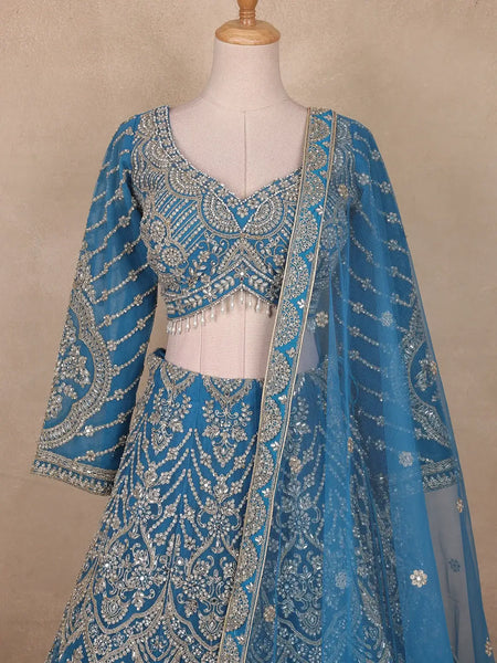 Blue Floral Embroidered Bridal Net Lehenga Set With Dupatta - Diadem