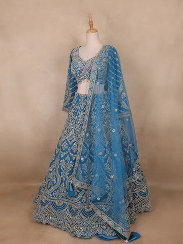 Blue Floral Embroidered Bridal Net Lehenga Set With Dupatta - Diadem