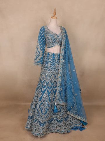 Blue Floral Embroidered Bridal Net Lehenga Set With Dupatta - Diadem