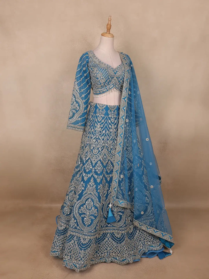Blue Floral Embroidered Bridal Net Lehenga Set With Dupatta - Diadem