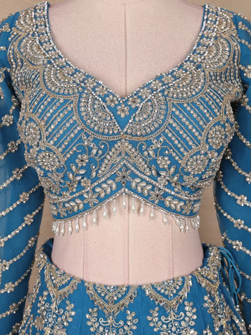 Blue Floral Embroidered Bridal Net Lehenga Set With Dupatta - Diadem