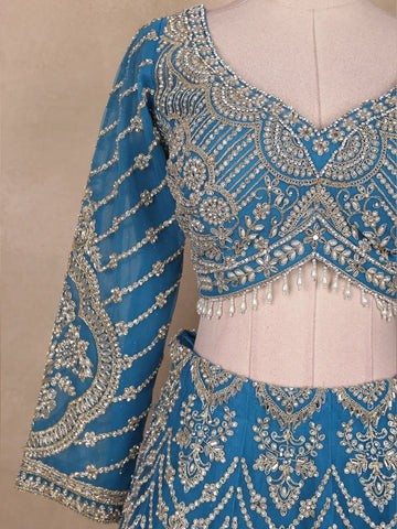 Blue Floral Embroidered Bridal Net Lehenga Set With Dupatta - Diadem