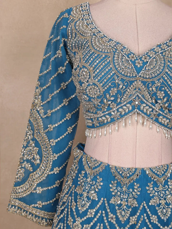 Blue Floral Embroidered Bridal Net Lehenga Set With Dupatta - Diadem