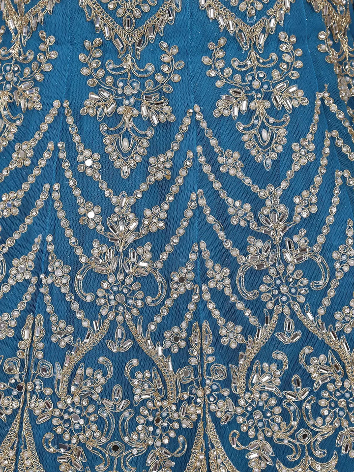 Blue Floral Embroidered Bridal Net Lehenga Set With Dupatta - Diadem