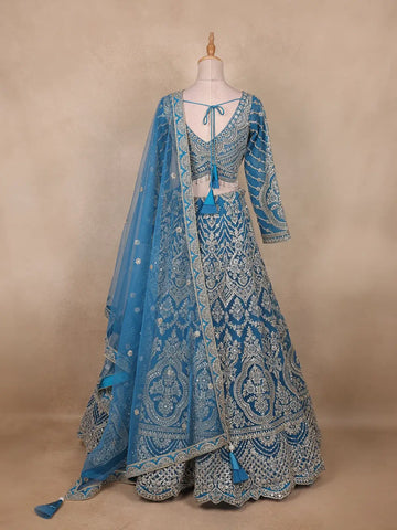 Blue Floral Embroidered Bridal Net Lehenga Set With Dupatta - Diadem