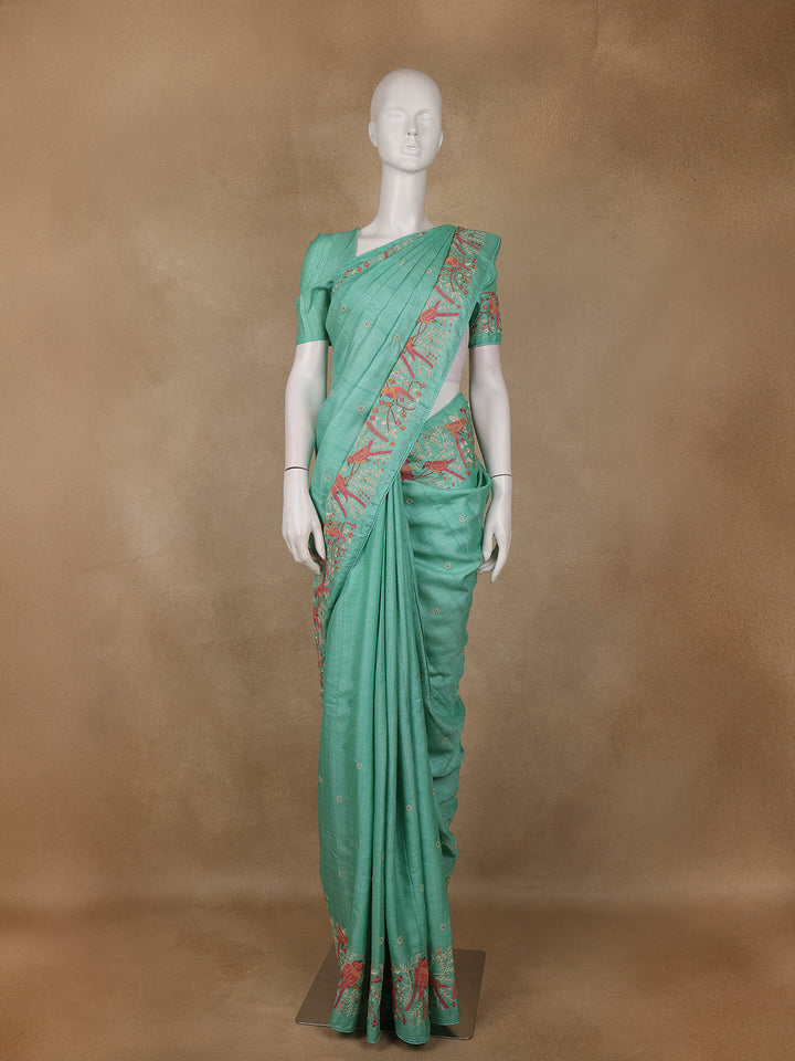 Blue Floral Embroidered Tussar Silk Saree - Diadem