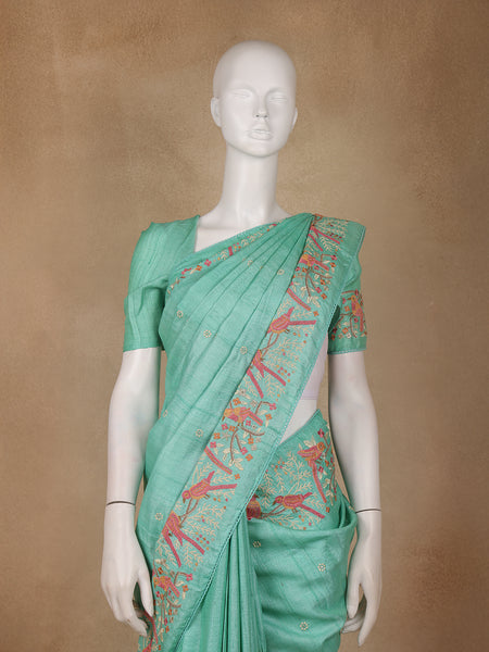 Blue Floral Embroidered Tussar Silk Saree - Diadem
