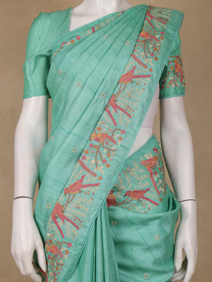Blue Floral Embroidered Tussar Silk Saree - Diadem