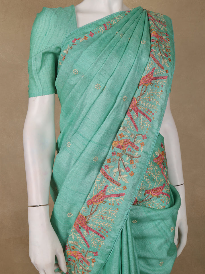 Blue Floral Embroidered Tussar Silk Saree - Diadem