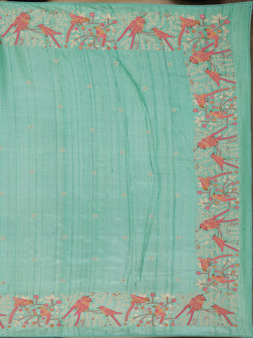 Blue Floral Embroidered Tussar Silk Saree - Diadem