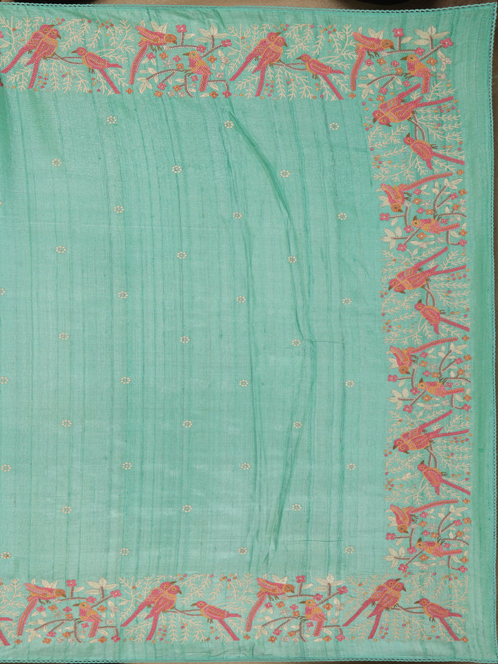 Blue Floral Embroidered Tussar Silk Saree - Diadem