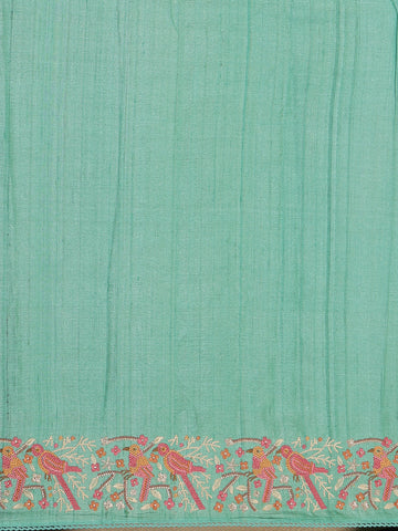 Blue Floral Embroidered Tussar Silk Saree - Diadem