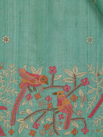 Blue Floral Embroidered Tussar Silk Saree - Diadem