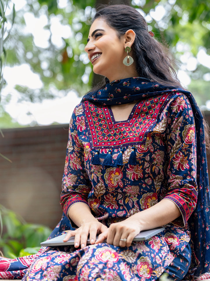 Blue Floral Printed Cotton Salwar Suit - Diadem