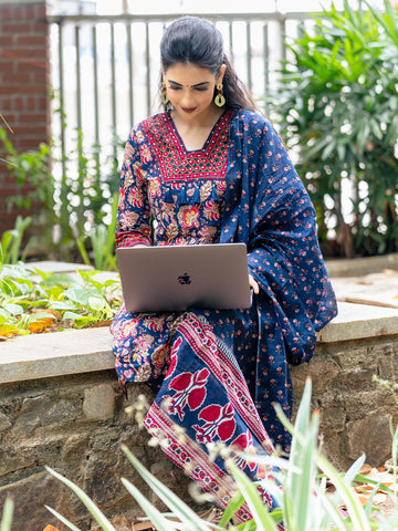 Blue Floral Printed Cotton Salwar Suit - Diadem