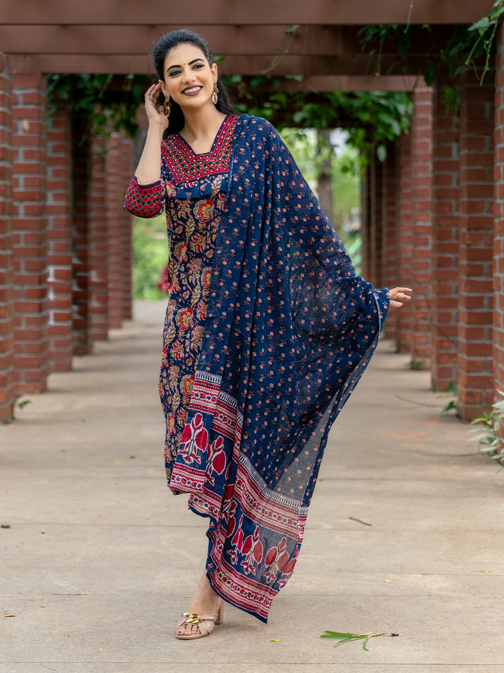 Blue Floral Printed Cotton Salwar Suit - Diadem