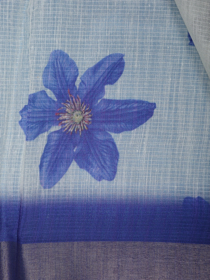 Blue Floral Printed Semi Tussar Silk Saree - Diadem