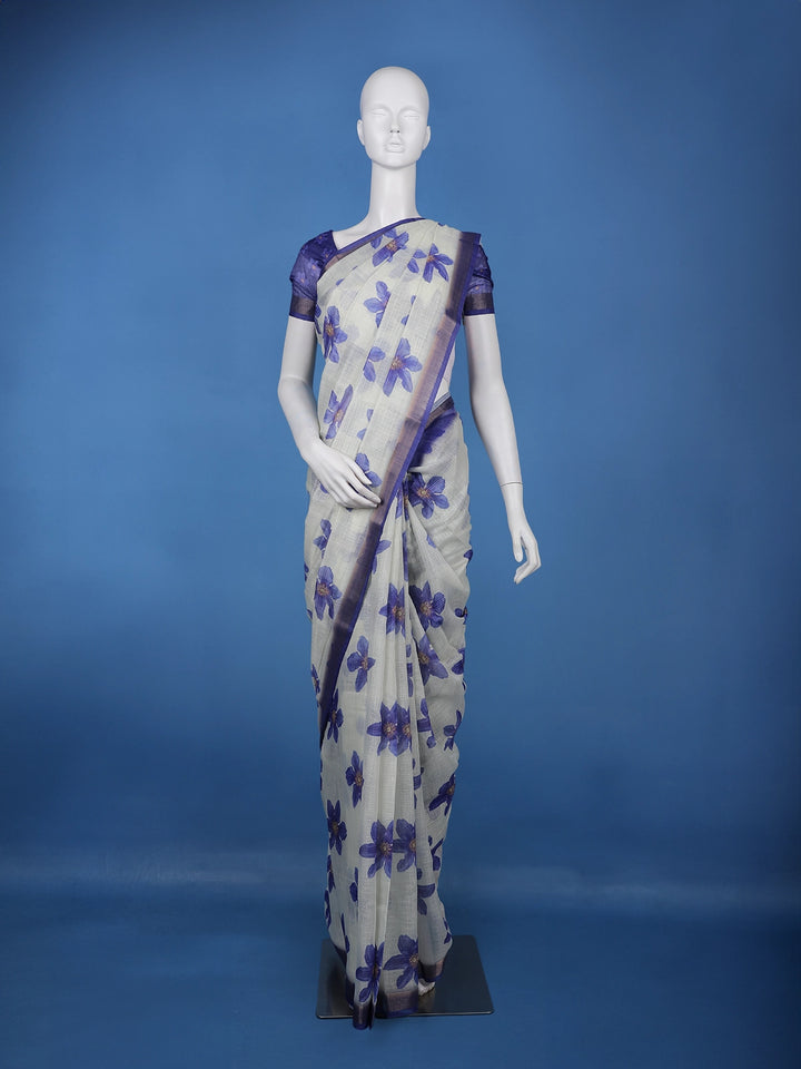 Blue Floral Printed Semi Tussar Silk Saree - Diadem