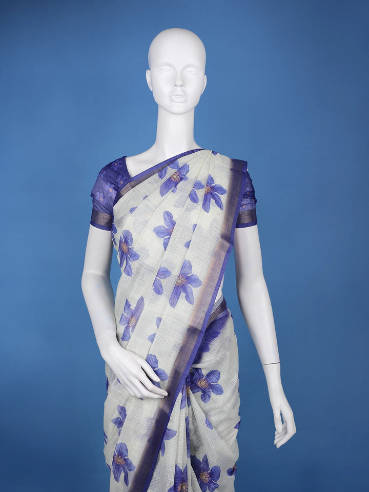 Blue Floral Printed Semi Tussar Silk Saree - Diadem
