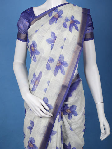 Blue Floral Printed Semi Tussar Silk Saree - Diadem