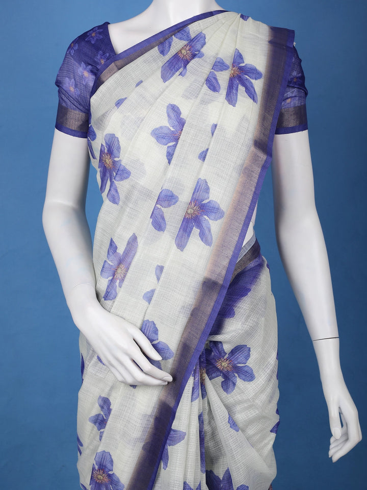 Blue Floral Printed Semi Tussar Silk Saree - Diadem
