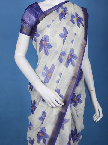 Blue Floral Printed Semi Tussar Silk Saree - Diadem