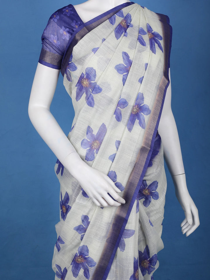 Blue Floral Printed Semi Tussar Silk Saree - Diadem