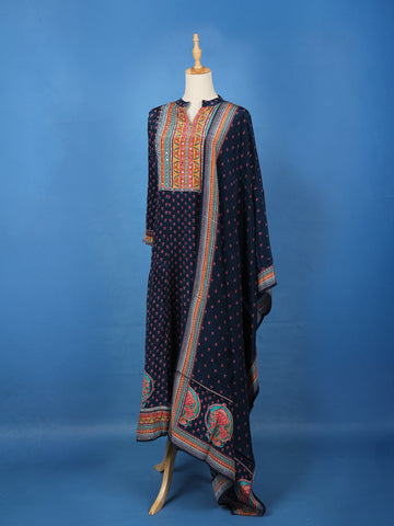 Blue Floral Printed Synthetic Salwar Suit - Diadem