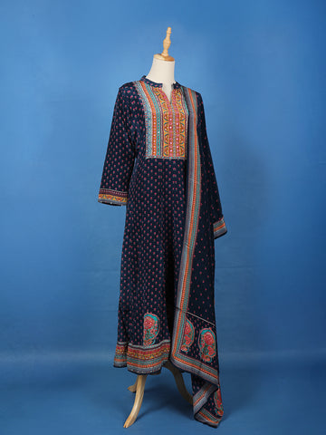 Blue Floral Printed Synthetic Salwar Suit - Diadem