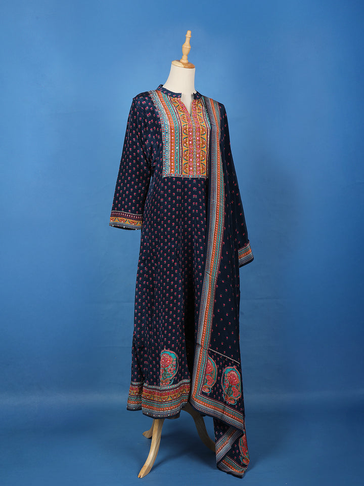 Blue Floral Printed Synthetic Salwar Suit - Diadem