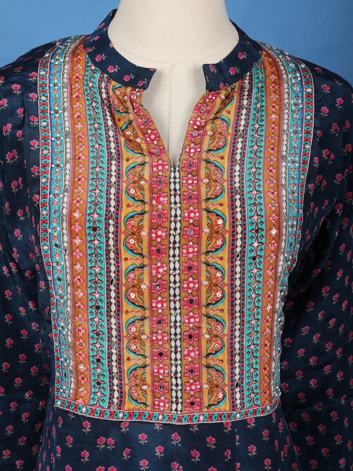 Blue Floral Printed Synthetic Salwar Suit - Diadem