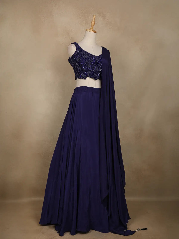 Blue Floral Sequins Embroidered Satin Lehenga With Dupatta - Diadem