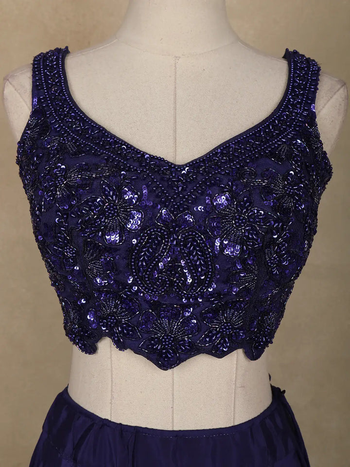Blue Floral Sequins Embroidered Satin Lehenga With Dupatta - Diadem