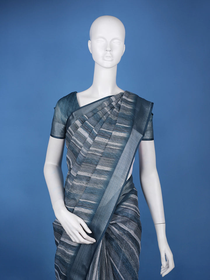 Blue Striped Semi Tussar Silk Saree - Diadem
